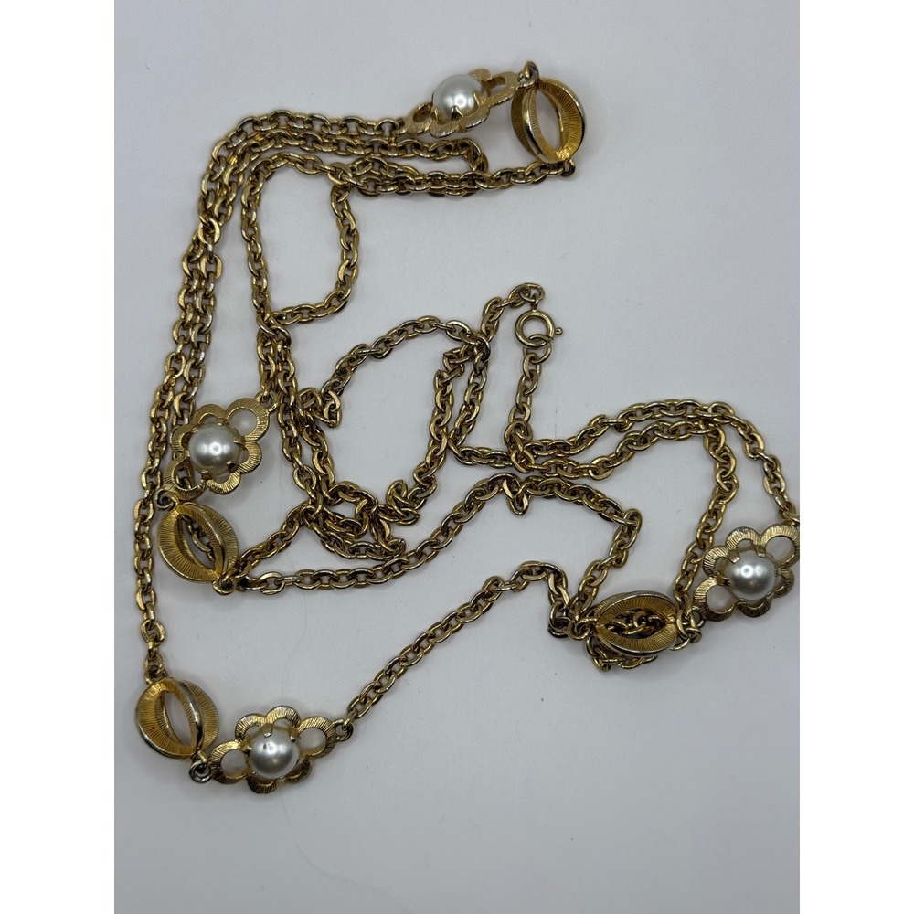 Vintage Gold Faux Pearl Floral Station Long Double Strand Chain Necklace Retro - Picture 5 of 9